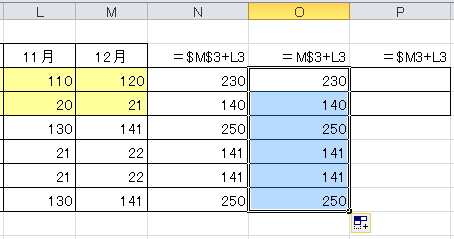 行の絶対参照の数式を縦方向に複写したイメージ。縦方向に複写すると参照するセルの行が固定されているため変化しない。 行のみ絶対参照の数式を縦方向に複写したイメージ