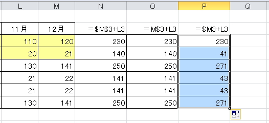 列の絶対参照の数式を縦方向に複写したイメージ。縦方向に複写すると参照するセルの行が固定されていないため変化する。 列のみ絶対参照の数式を縦方向に複写したイメージ