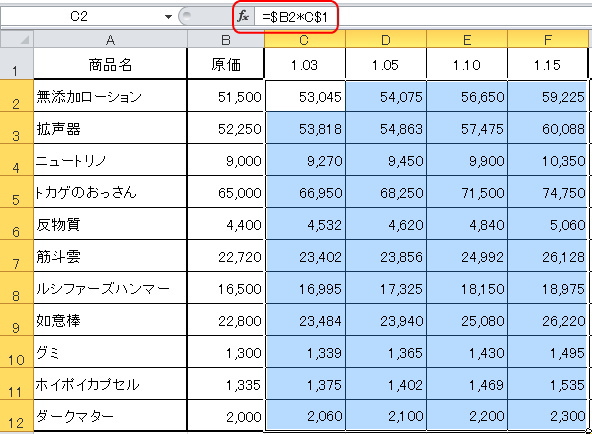 複合参照の式を縦と横方向に複写して値を算出しているイメージ 複合参照の式を縦と横方向に複写して値を算出しているイメージ