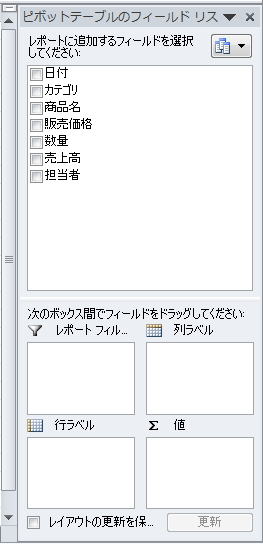 ピボットテーブルのフィールドリストのイメージ