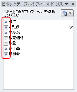 ピボットテーブルのフィールドリストのイメージ
