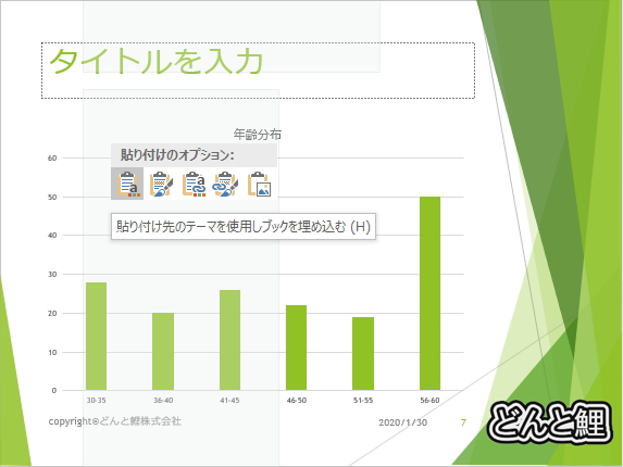 貼り付けオプションのイメージ。「貼り付け先のテーマを使用しブックを埋め込む」を選択している。 貼り付けオプションのイメージ
