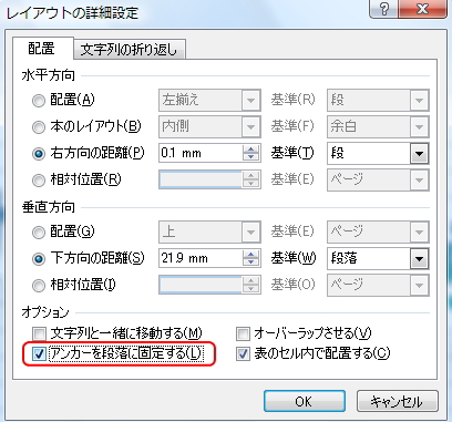 「レイアウトの詳細設定」ウィンドウの「配置」タブのイメージ