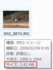 デジカメファイルのファイルサイズ表示のイメージ