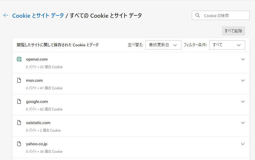 Microsoft Edgeに保存されているクッキーの一覧イメージ。ブラウザ画面を通してクッキーを操作する。 Microsoft Edgeに保存されているクッキーの一覧イメージ