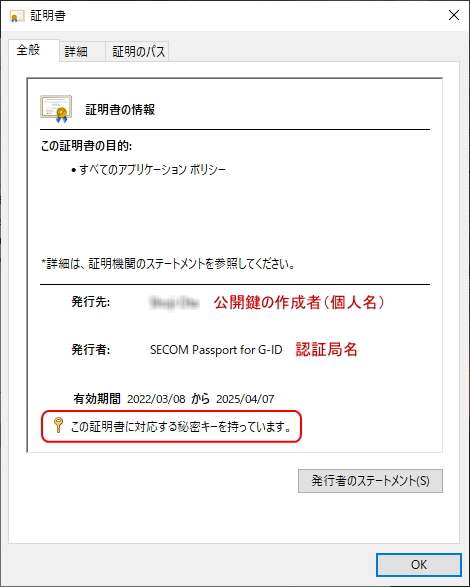 「個人」ストアの電子証明書のイメージ