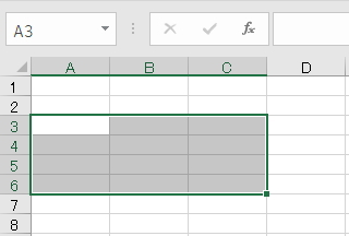 「A3:C6」セルを範囲指定したイメージ