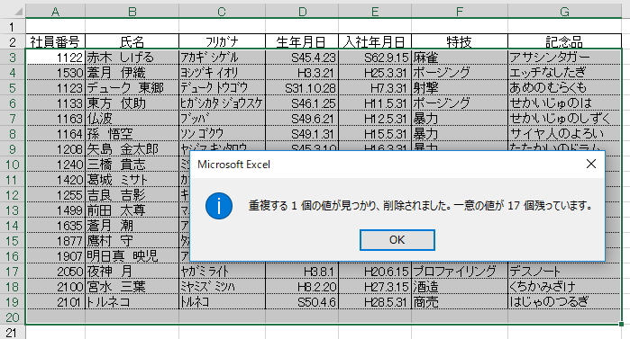 重複の削除が実行されたメッセージ