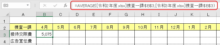 AVERAGE関数で異なるブックの引数を指定しているイメージ