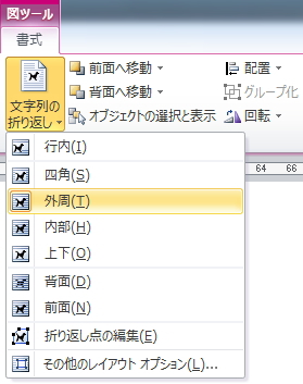 「書式」タブの「文字列の折り返し」ボタンのイメージ